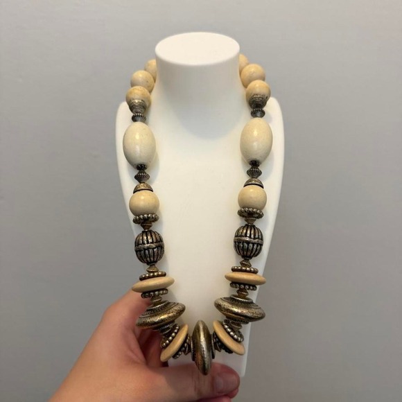 Jewelry - Chunky Cream Beaded Statement Necklace Antiqued Silver Tone Boho Artisan